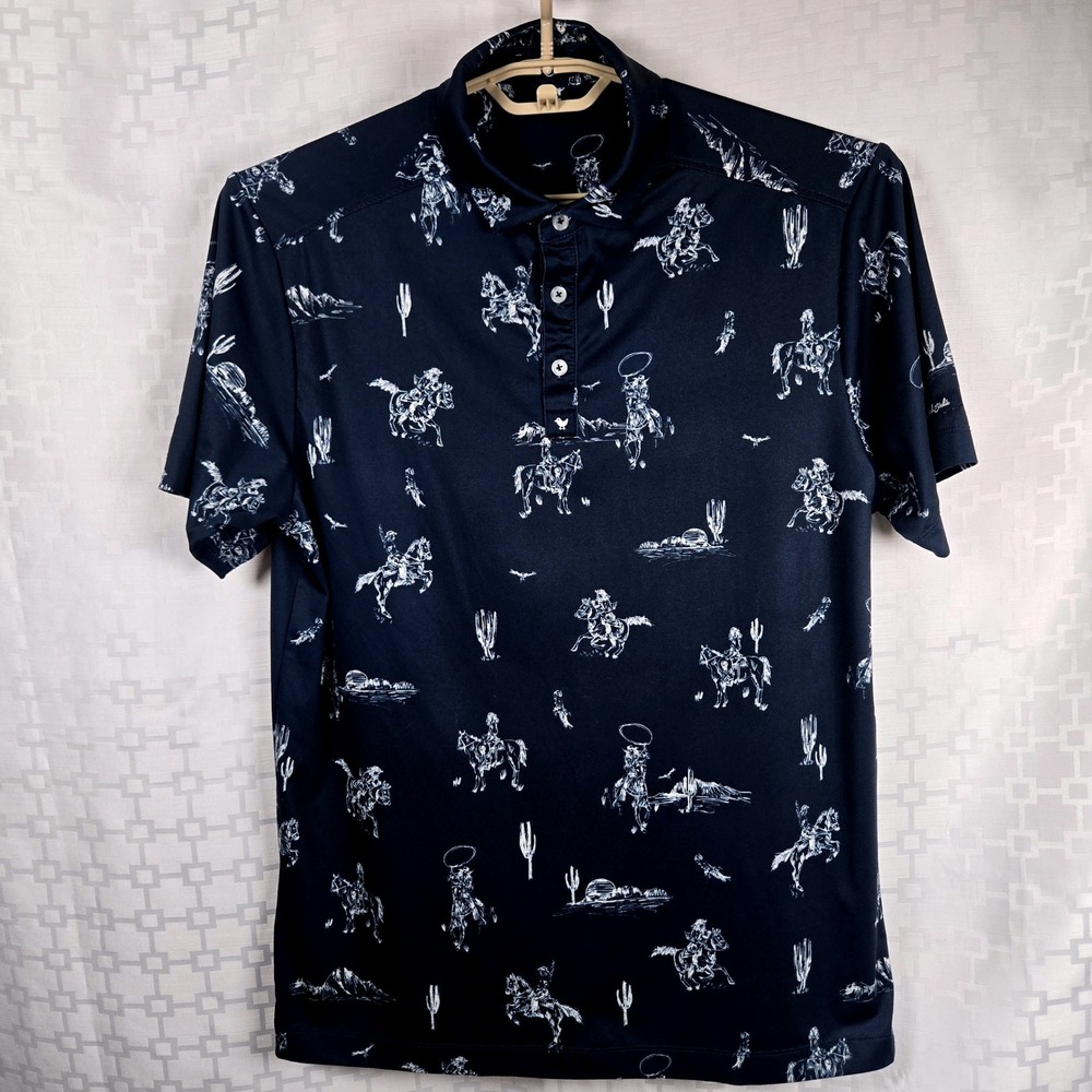Bad Birdie Mens Navy Blue Western Cowboy Cactus Print Golf Polo Shirt Size M